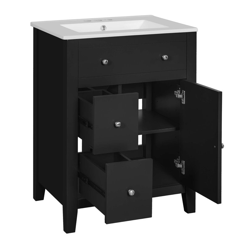 Meuble-lavabo moderne 24 po avec lavabo en céramique, meuble-lavabo pour salle de bain à 2 tiroirs, Noir