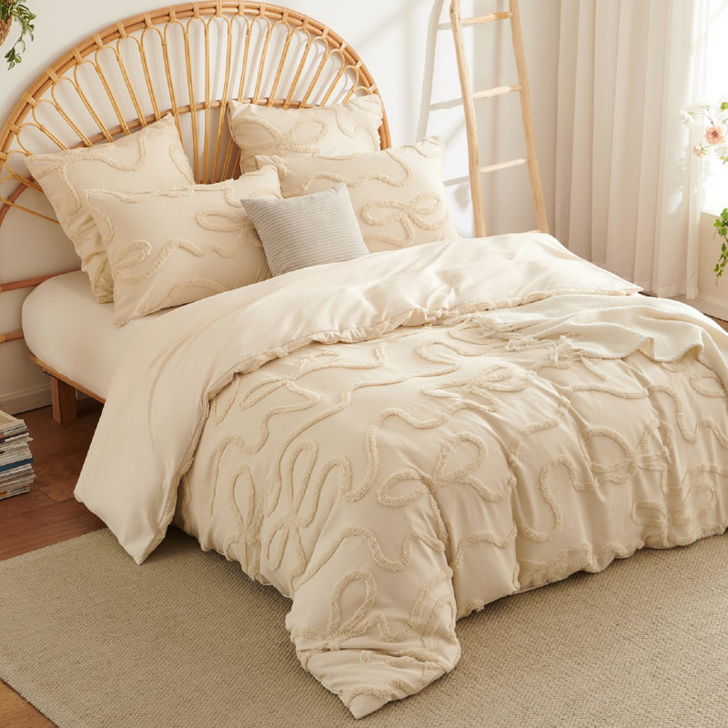 Princess Style Bowknot Tufted Duvet Cover Boho Soft Jacquard Embroidery Shabby Chic Washed Microfiber Bedding Set