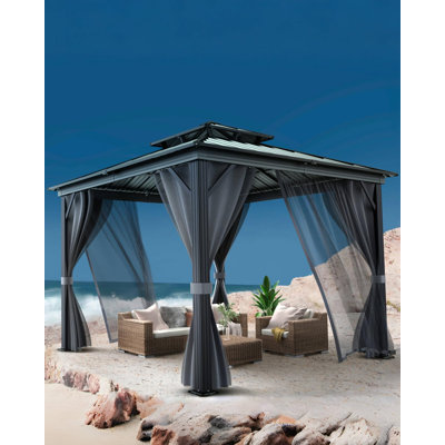 Pavillon de jardin à toit rigide toutes saisons avec structure en aluminium, double toit, moustiquaire, pavillon d'extérieur, jet noir + toile grise noire, 10 x 10 pi