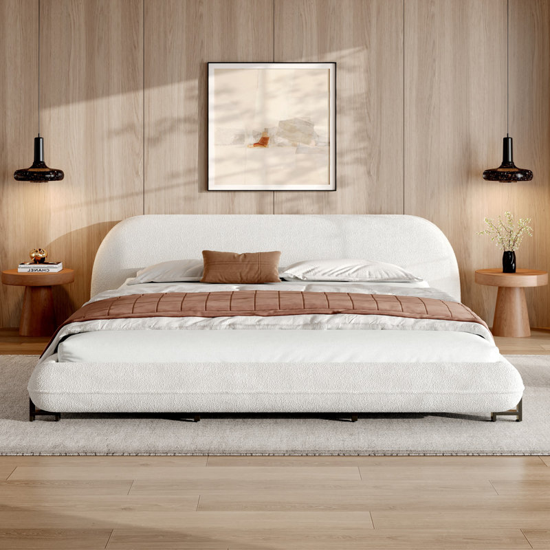 Bed Frame,Upholstered Platform Bed With Curve-Shaped Design & Thick Headboard, King
