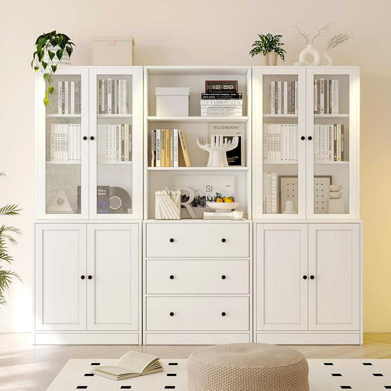 Bibliothèque moderne à 3 niveaux avec portes et tiroirs, vitrine à 5 niveaux avec portes en verre pour bureau à domicile, salle à manger (blanc)