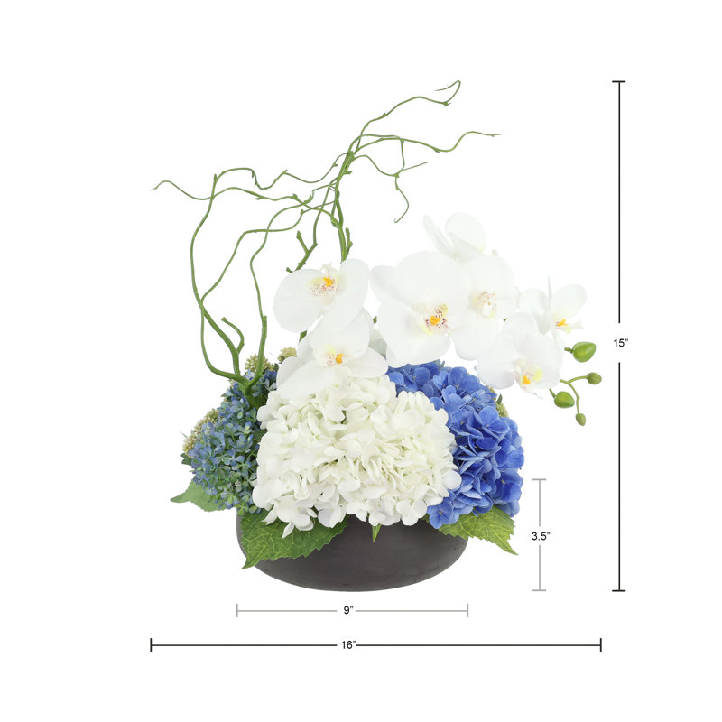 Centre de table moderne avec orchidées et hortensias, Blanc, bleu, Noir