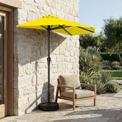 Parasol de patio semi-latéral en acier de 9 pi avec système de levage à manivelle, 5 nervures robustes imperméables, parasol de table de patio UPF 50+, tissu, protection UV