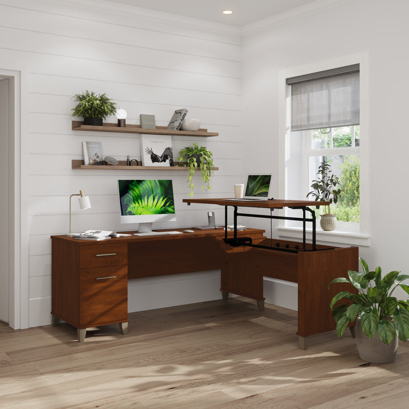 Bureau en L 72 po 3 positions assis et debout en cerisier Hansen, Cerisier hansen