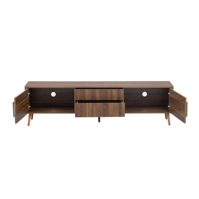 Meuble télé moderne en noyer avec rangement, console média en bois massif pour la maison