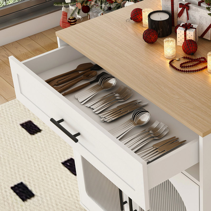80-Inch Expandable Kitchen Island Dining Table Solid Wood Grain Countertop Power Outlet Mobile Storage Cart Cabinet 2 Drawers