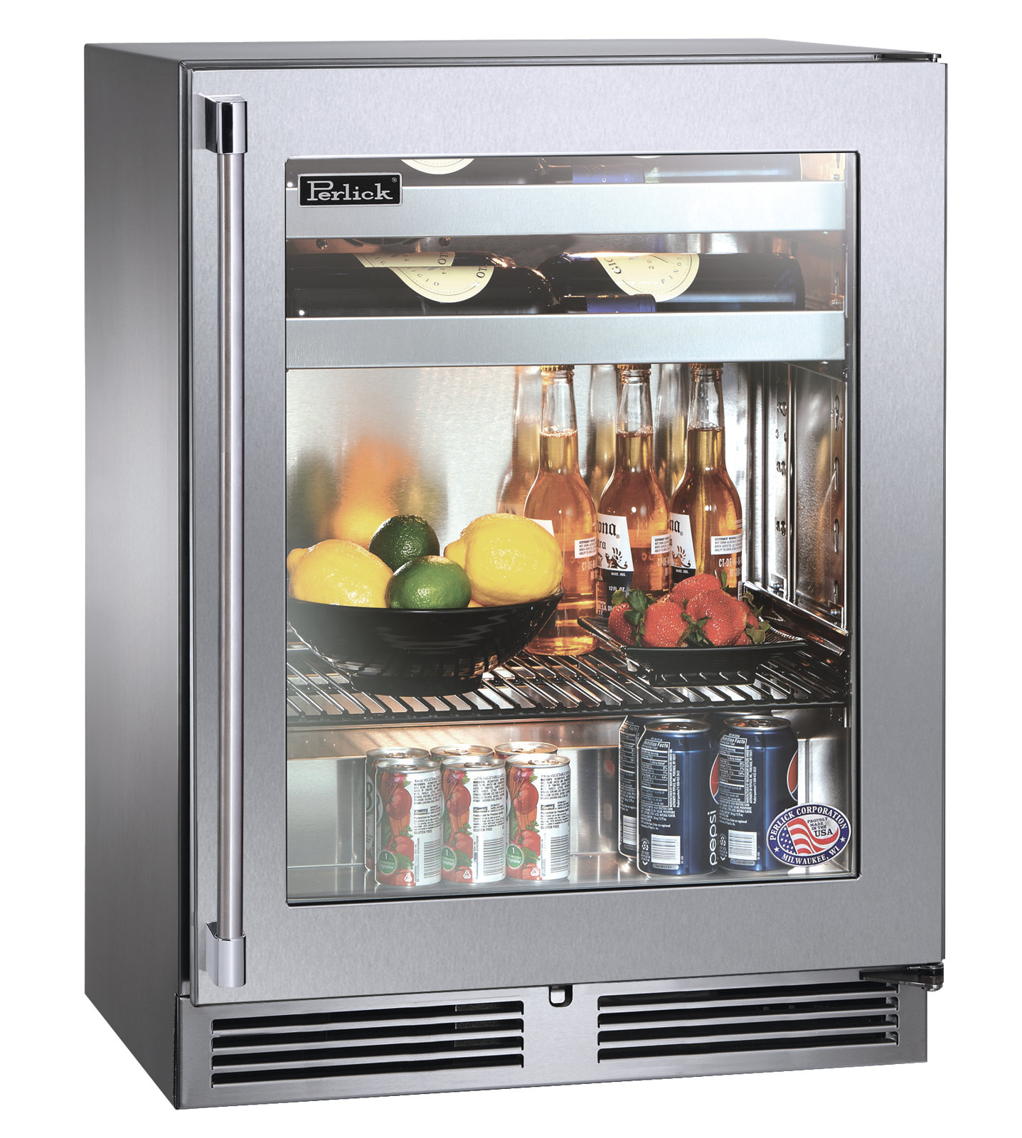 Perlick 23.88'' W Built-In 41 Cans (12 oz.) 5.2 Cubic Feet Beverage Cooler with Wine Storage and Glass Door — FIN-0017260 | Fridge.com