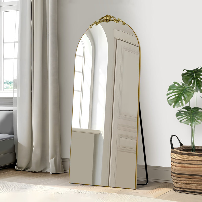 Arch Wood Full Length Mirror with Carved Design