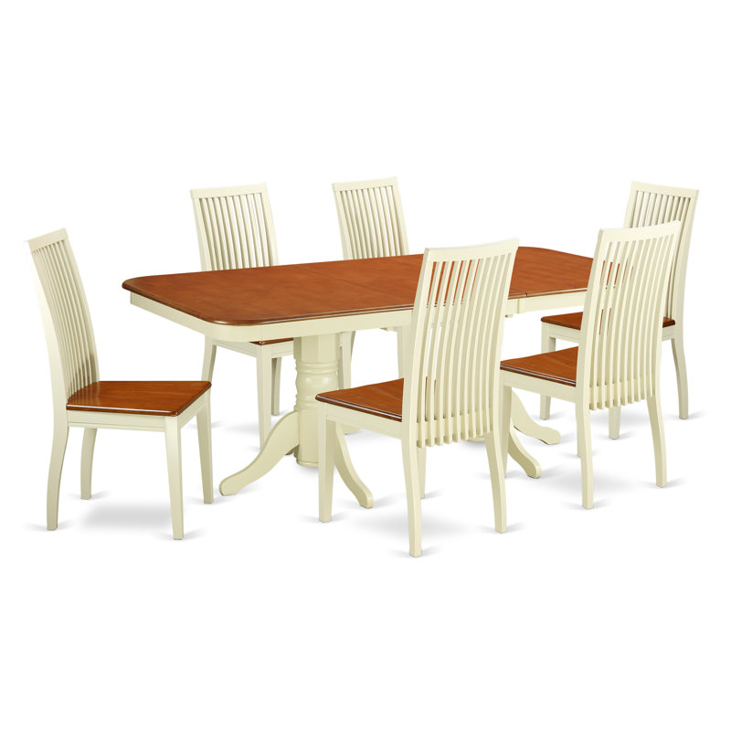 7 Piece Dining Room Table Set Consist of a Rectangle Wooden Table with Butterfly Leaf and 6 Kitchen Dining Chairs, Buttermilk & Cherry