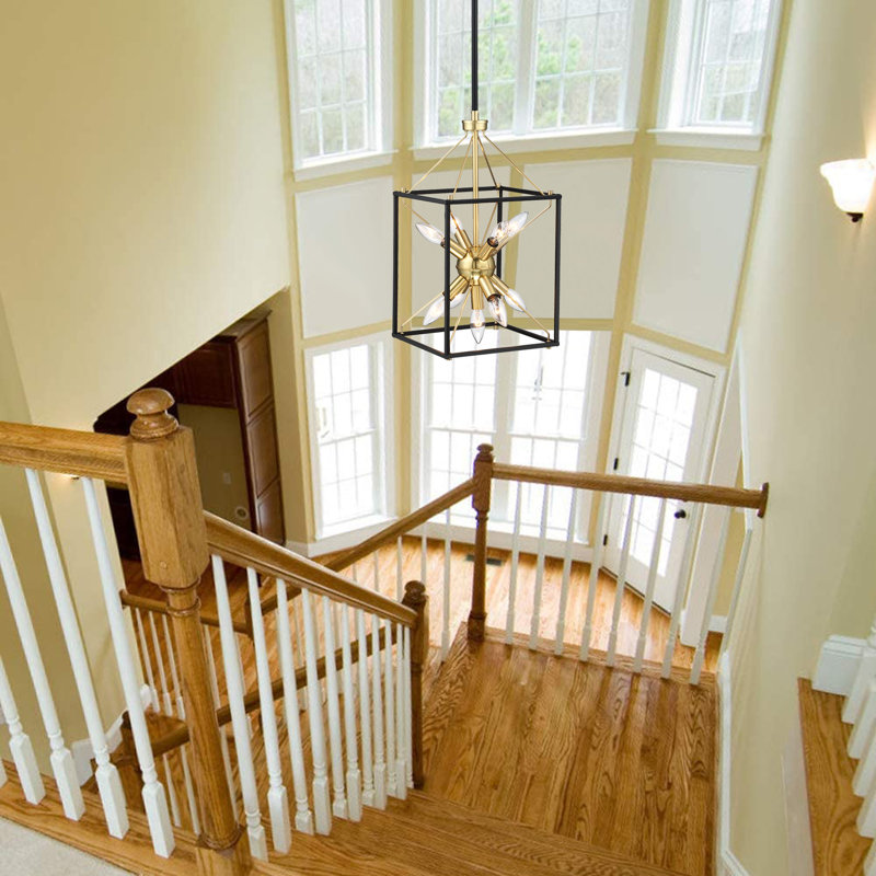 9-Light Modern Rectangle Lantern Pendant Light With Black and Soft Gold Finish And Gold Accents, 19" H x 10" W x 10" D