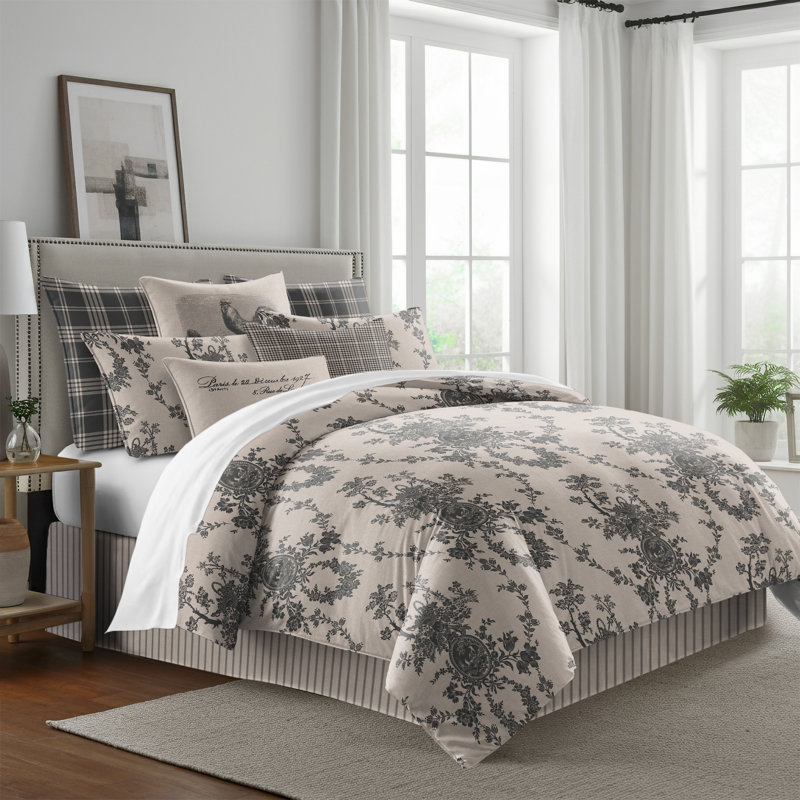 Country Lane Toile Ebony Cotton Comforter Set  8 Piece, Queen Comforter + 7 Additional Pieces