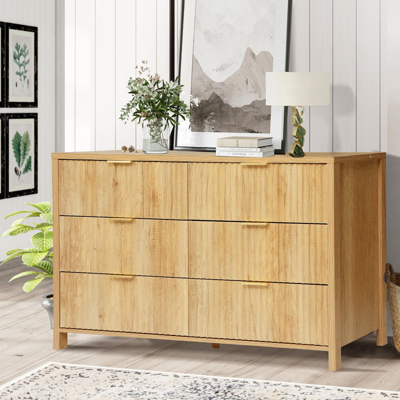 Fluted 6 Drawers Dresser for Bedroom, 54" Wide Chest of Drawers with Thick Plank Styling, Wooden Storage Drawer Organizer