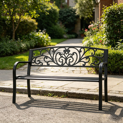 Banc de jardin d'extérieur 50 po à 2 places avec dossier floral 50 po - Causeuse de patio en acier résistant aux intempéries