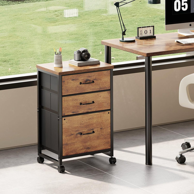 Rustic Brown 3-Drawer Mobile File Cabinet - Fabric Vertical Filing Cabinet With Wheels (Fits A4/Letter Size For Home Office)