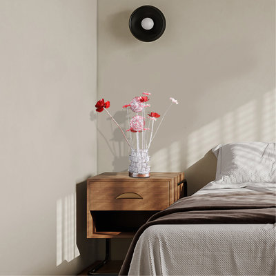 Aluminum 4 Red Roses 6 Petal Floral 2 Red/Silver Flower Bud On A 4 Squared Modern Hexagona Chrome Vase Table Lamp For Living Room, Nightstand Bedside Table Lamp For Bedroom, LED Lamp