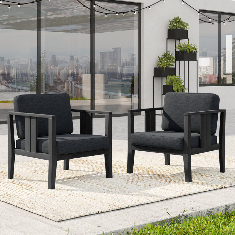 Junco Solid Wood Teak Outdoor Lounge Chair With Cushion And Arm, Dark Gray, Black