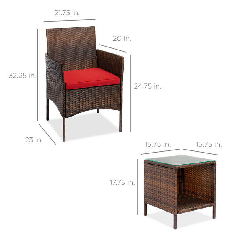 Nasrul 3-Piece Outdoor Wicker Conversation Patio Bistro Set, w/ 2 Chairs, Table, Brown, Red