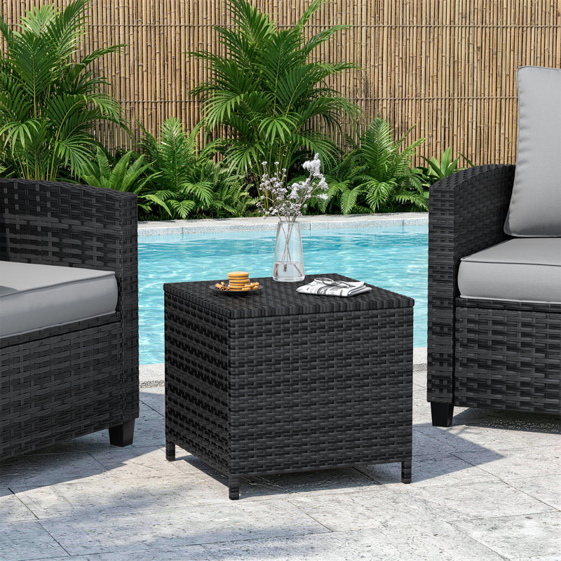  Alexandia Outdoor Square Rattan Wicker Side Table With Storage, Black