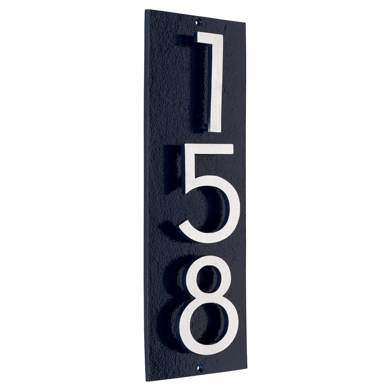 Plaque d’adresse murale flottante linéaire, Bleu marine, Nickel satiné deux tons, Oui