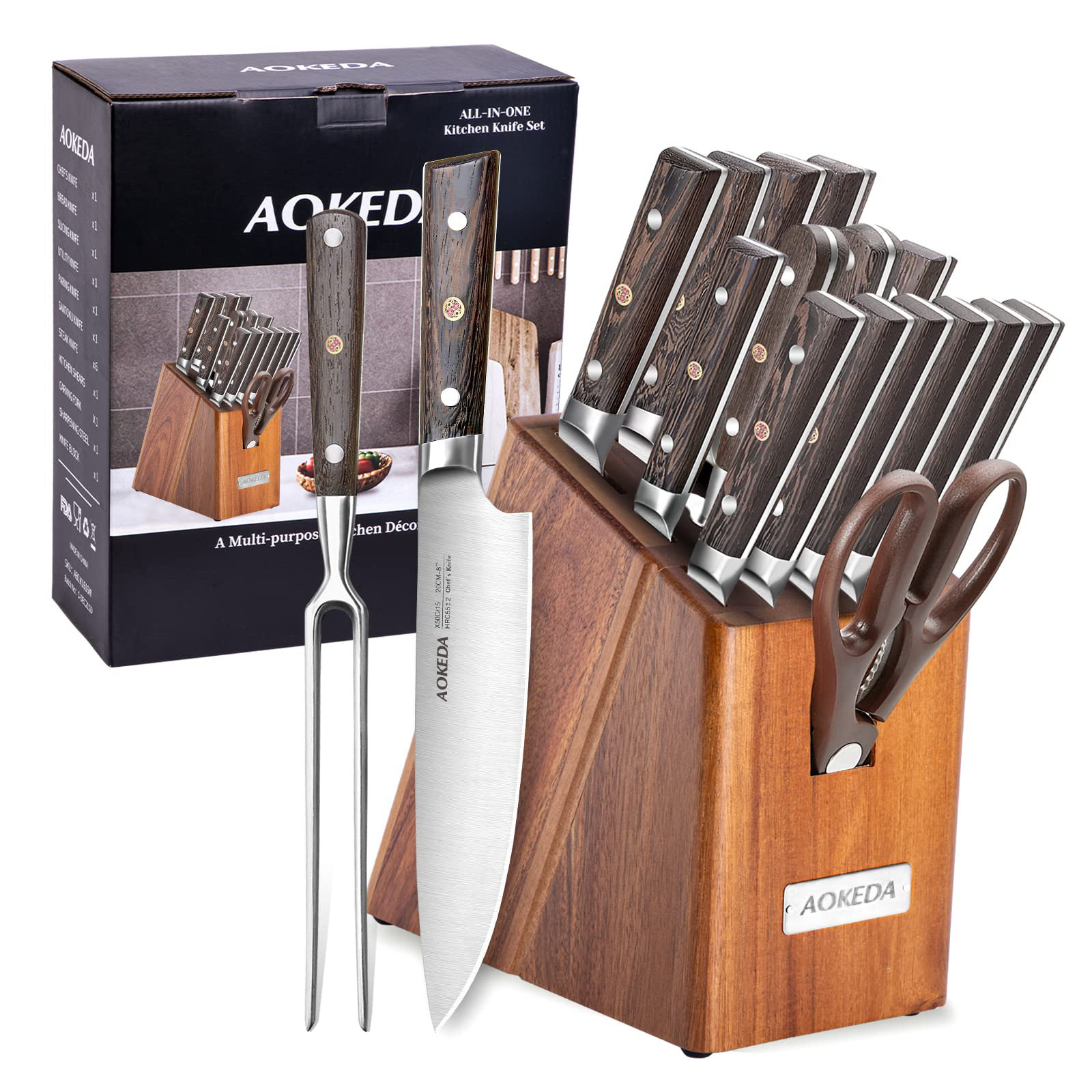 AOKEDA 15-Piece Kitchen Knife Set with Block Stainless Steel Knives include  S