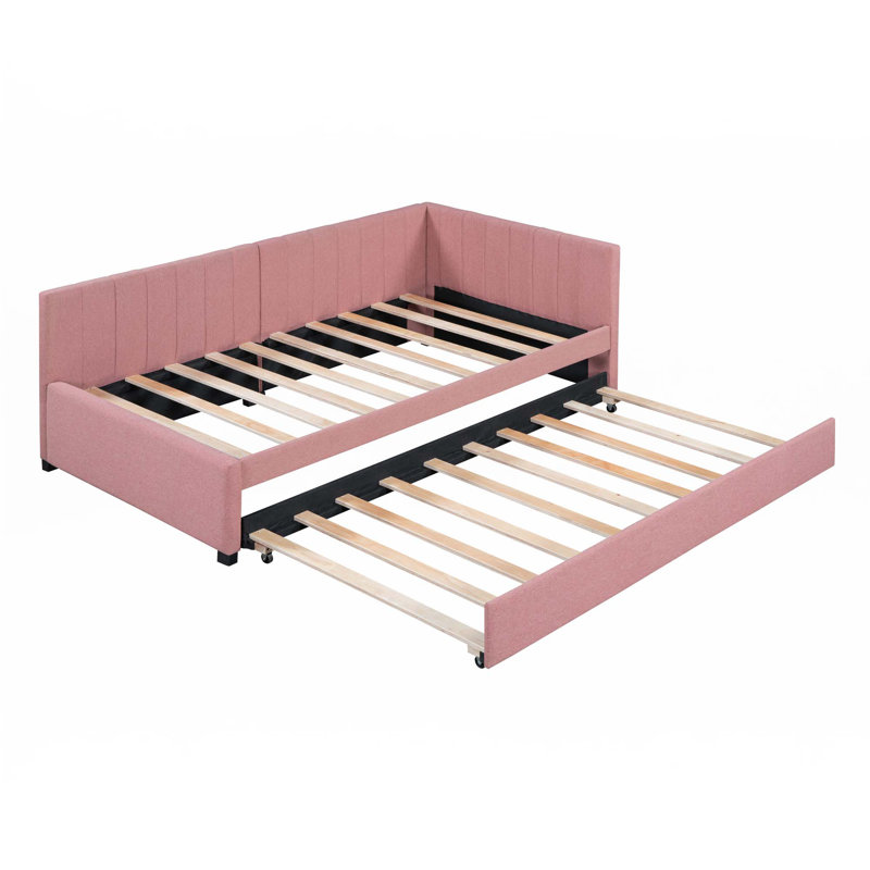 Upholstered Daybed With Trundle Twin Size Sofa Bed Frame No Box Spring Needed, Linen Fabric, Twin, Pink