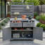 Banc de rempotage avec plateau en acier inoxydable et tablettes mobiles-617644891