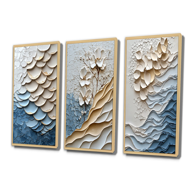 Blanc et bleu côtier mosaïque I - Collection d'art mural côtier, H 32 po x l 48 po, Reproduction encadrée sans passe-partout