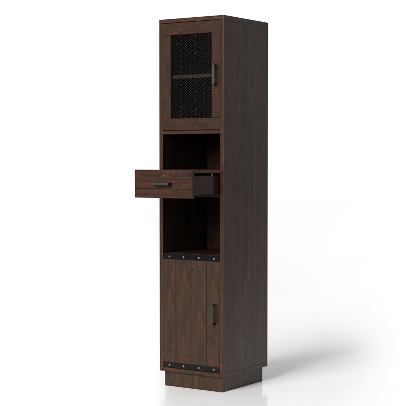 Milton 75.43"H Pier Bookshelf with Open Shelves and Cabinet, Dark Brown