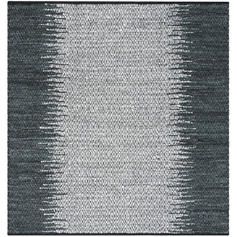 Exley Hand Woven Leather/Cotton Geometric Rug in Gray, Square 6'