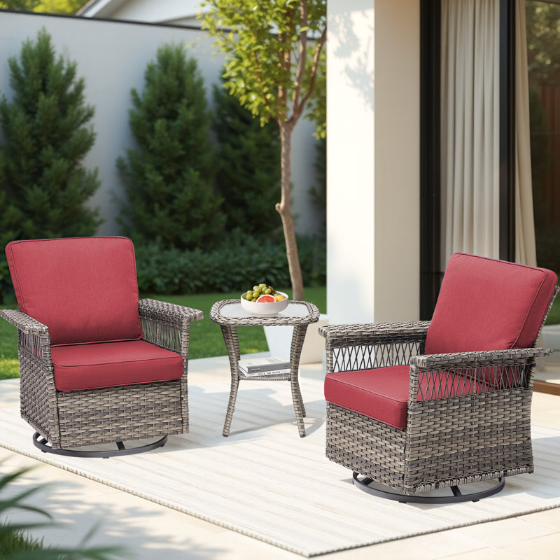 Swivel PE Wicker Rattan Outdoor Rocking Chairs Set With Side Table (2 Chairs And 1 Side Table), Red