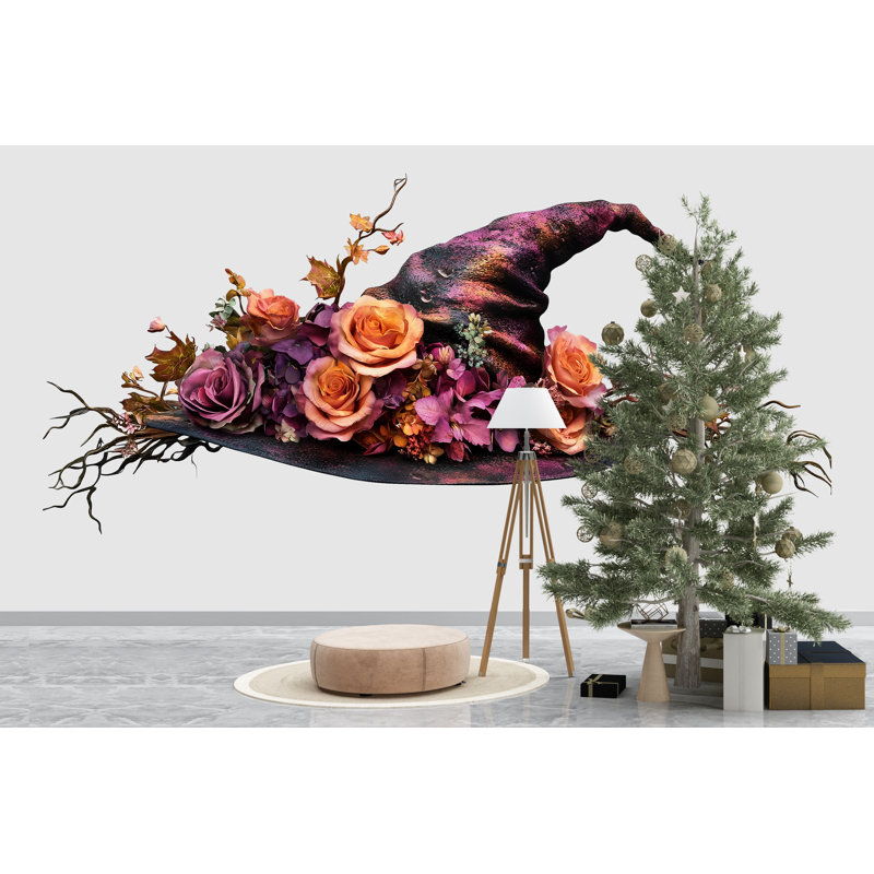 Art mural chapeau de sorcière florale, décoration murale florale sorcière, art mural sorcière bohème, décalque mural floral gothique, décoration mystique 243Mv