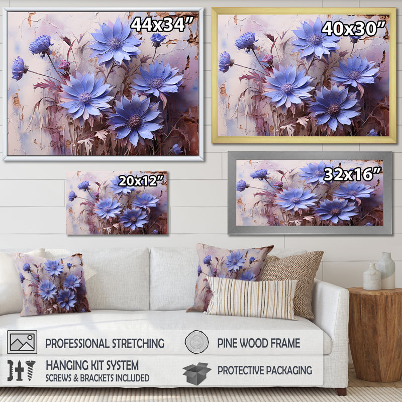 Mauve cornflowers mauve, Cadre simple noir, H 34 po x l 44 po x P 1,5 po