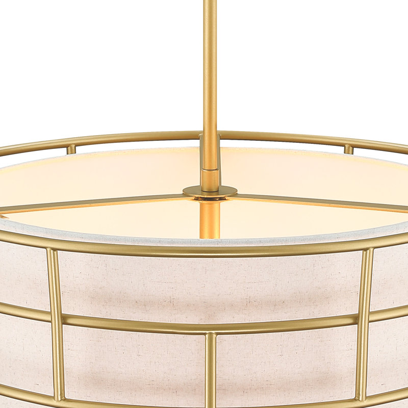 Beckles 60 Watt 3-Light Drum Pendant with Fabric Shade and Metal Outer Cage, Gold Matte