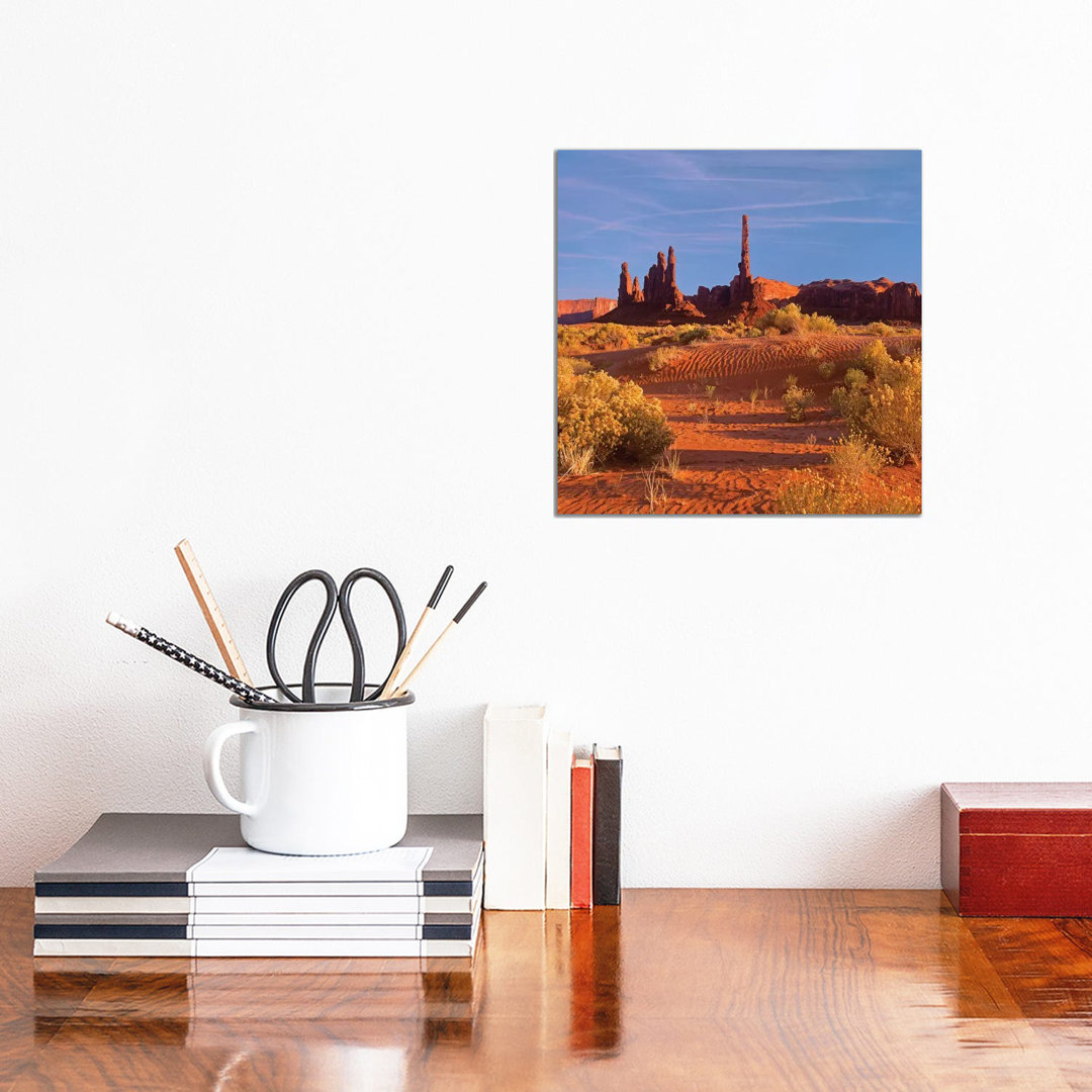 Totem Pole And Yei Bi Chei With Sand Dunes And Shrubs, Monument Valley, Arizona And Utah Border