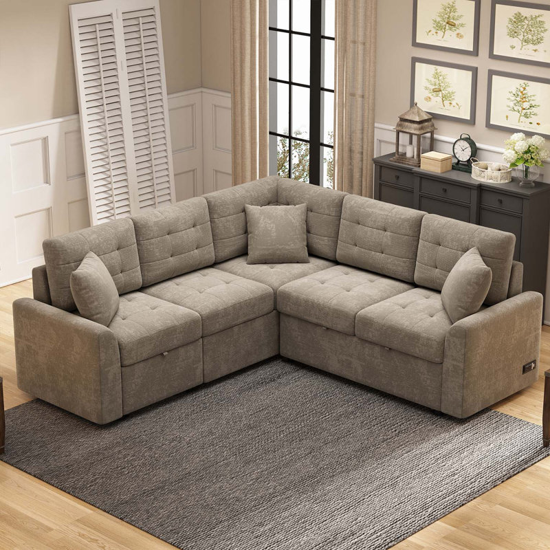 Canapé-lit escamotable en forme de L 82,6 po avec roulettes, ports USB, prises de courant pour le salon, kaki, Kaki