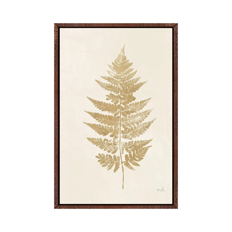 Fern Print I Gold No Shiplap by Moira Hershey - Print on Canvas, Classic Brown Wood Floater Framed