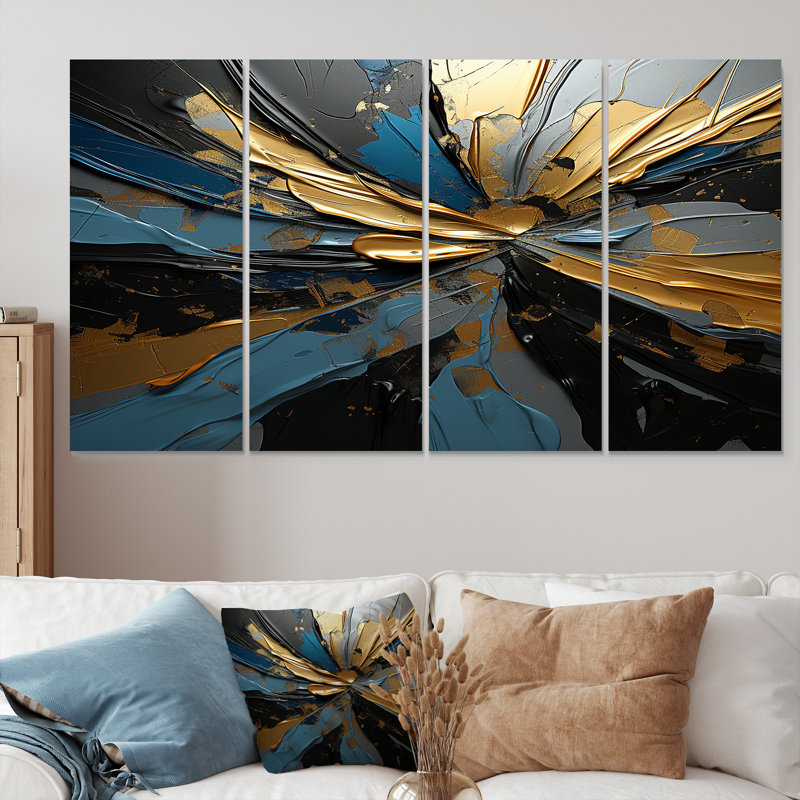 «Abstract Waves Blue Gold Outburst», art mural abstrait 4 pièces, H 28 po x l 48 po