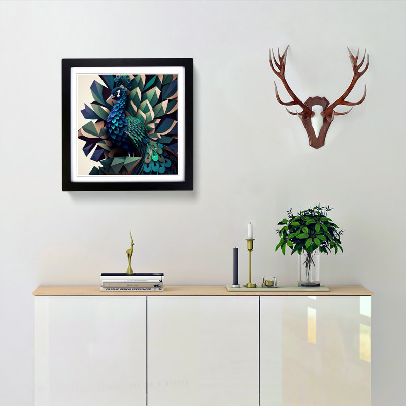 Peacock Geometric - Framed Print, Black