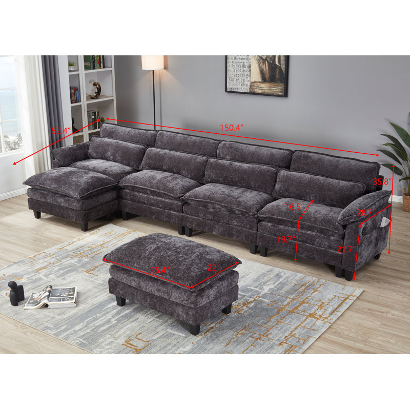 Asher U-Shape Sectional Sofa, 150.4" Wide Chenille  Sofa with USB, Black Chenille