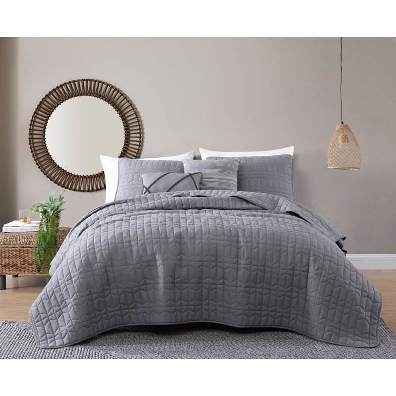 Ensemble de courtepointe Kori, Courtepointe simple + 2 coussins décoratifs + 1 t, Gris foncé