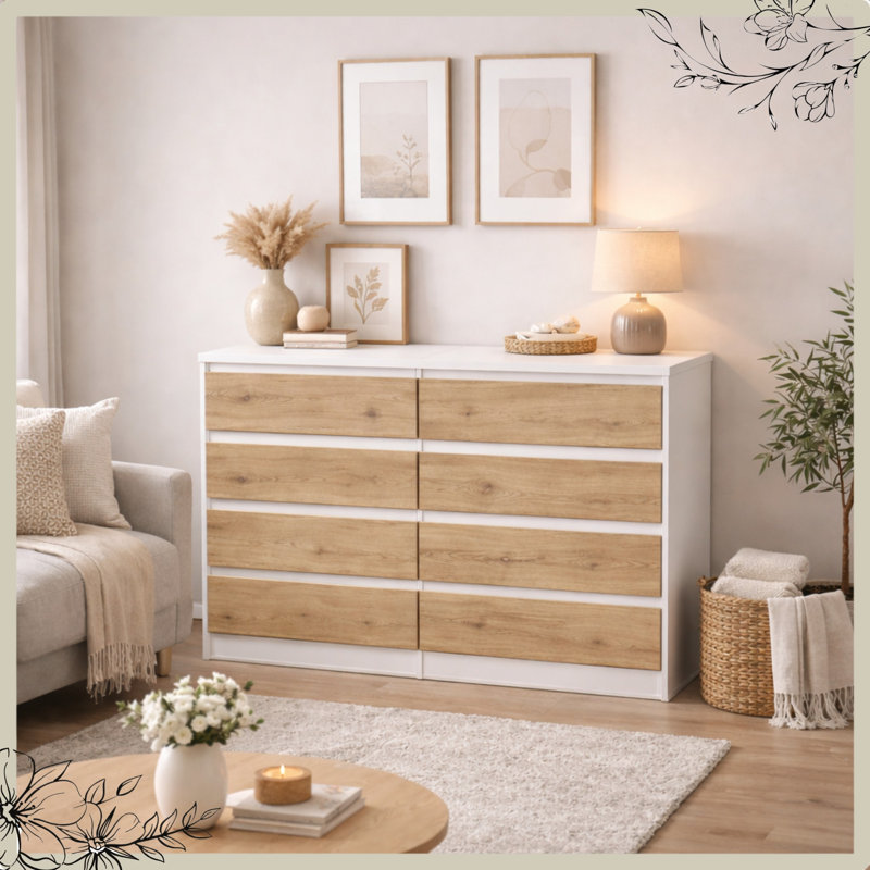 120cm W 8 - Drawer Chest of Drawers, Artisan Oak/White