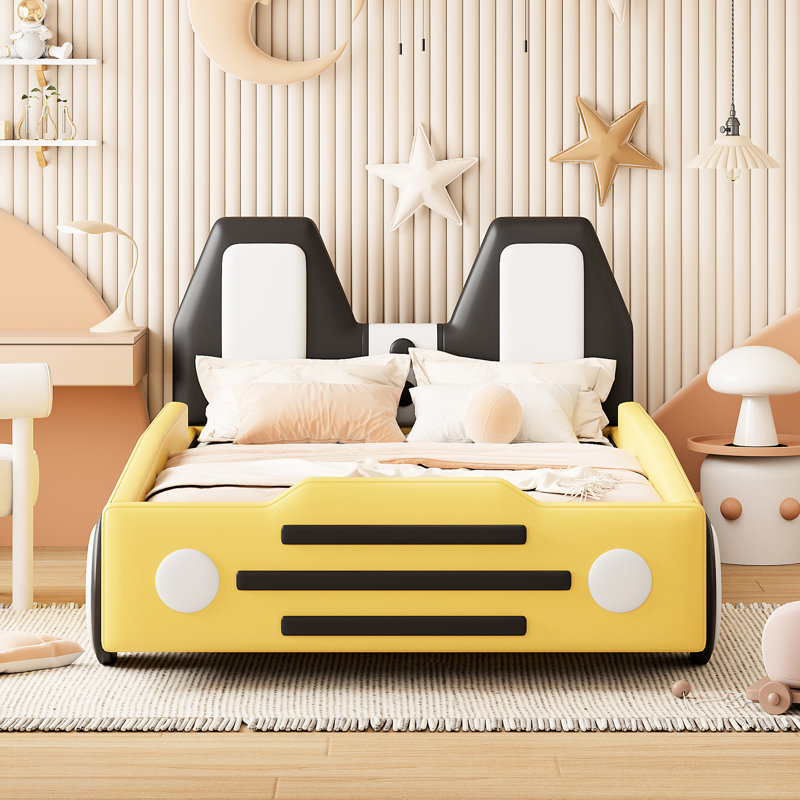 Lit plateforme jaune en forme de voiture de course simple avec construction et roues résistantes - un choix élégant pour les enfants de plus de 6 ans