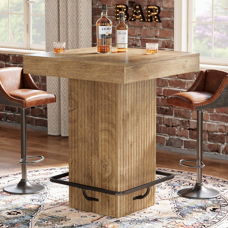 31.5 Inch Square Dining Table Counter Height Kitchen Table with Fluted Pedestal and Metal Footrest, Natural Brown