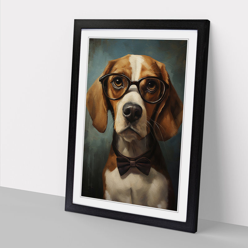 Beagle With Glasses No.2 - Single Picture Frame Print on Wood, 64cm H x 46cm W x 2cm D, Black