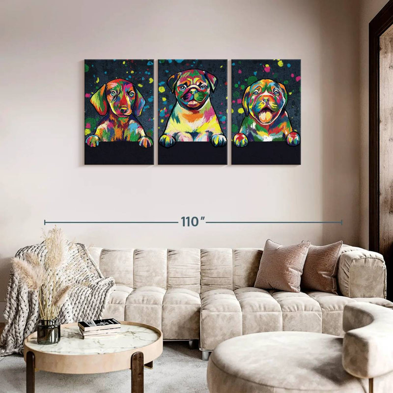 " Dogs Abstract Color Multi Piece Canvas Print " 3 - Pieces, 39" H x 80" W x 1.25" D