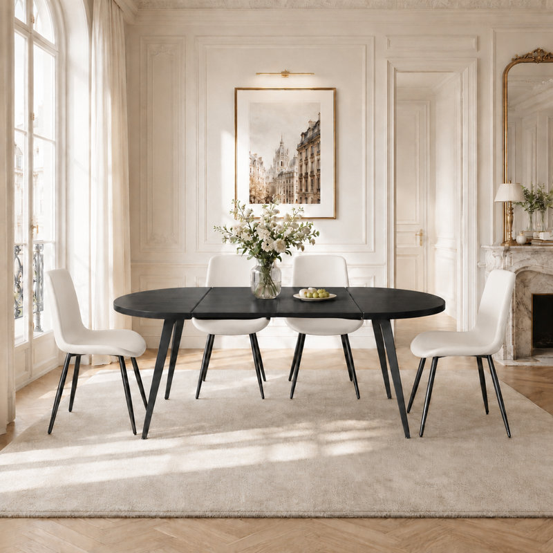 Ensemble de salle à manger extensible 5 pièces avec table ronde et chaises ovales rembourrées, Noir, Blanc, Noir