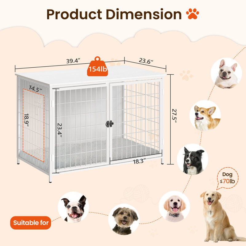 Mobilier de caisse pour chien de 39,4 po de L avec coussin, chenil en bois avec portes doubles, cage robuste pour petits / moyens / grands chiens