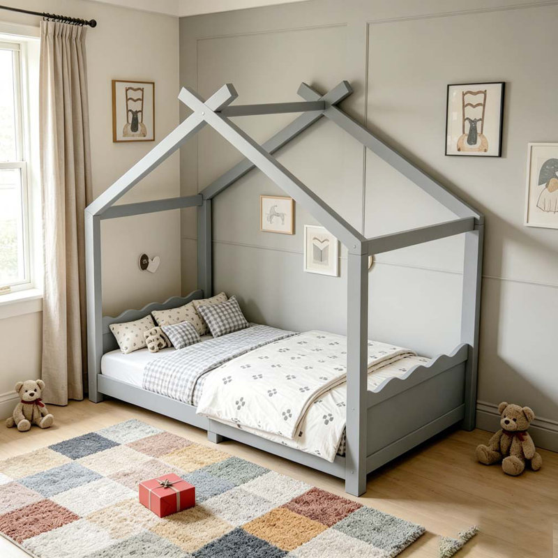 House Floor Bed with Support Slats, Solid Wood House Bed Frame for Kids, No Box Spring Needed and Opening Constructure, Gray