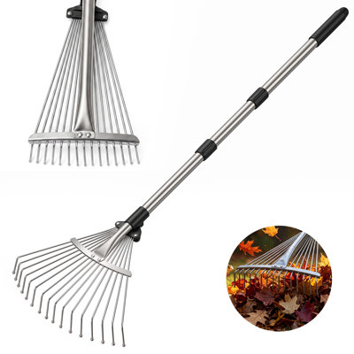6.8ft Expandable Stainless Steel Garden Leaf Rake with Spliced Metal Handle, Adjustable Wide Tines Yard Rake for Collecting Leaves, Grass, Debris for Lawn, Garden & Backyard Landscaping