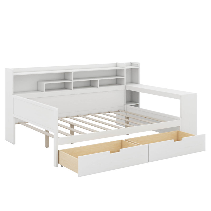 Wooden Daybed With Storage Shelves,Two Storage Drawers And Study Desk, Full / Double, Antique White